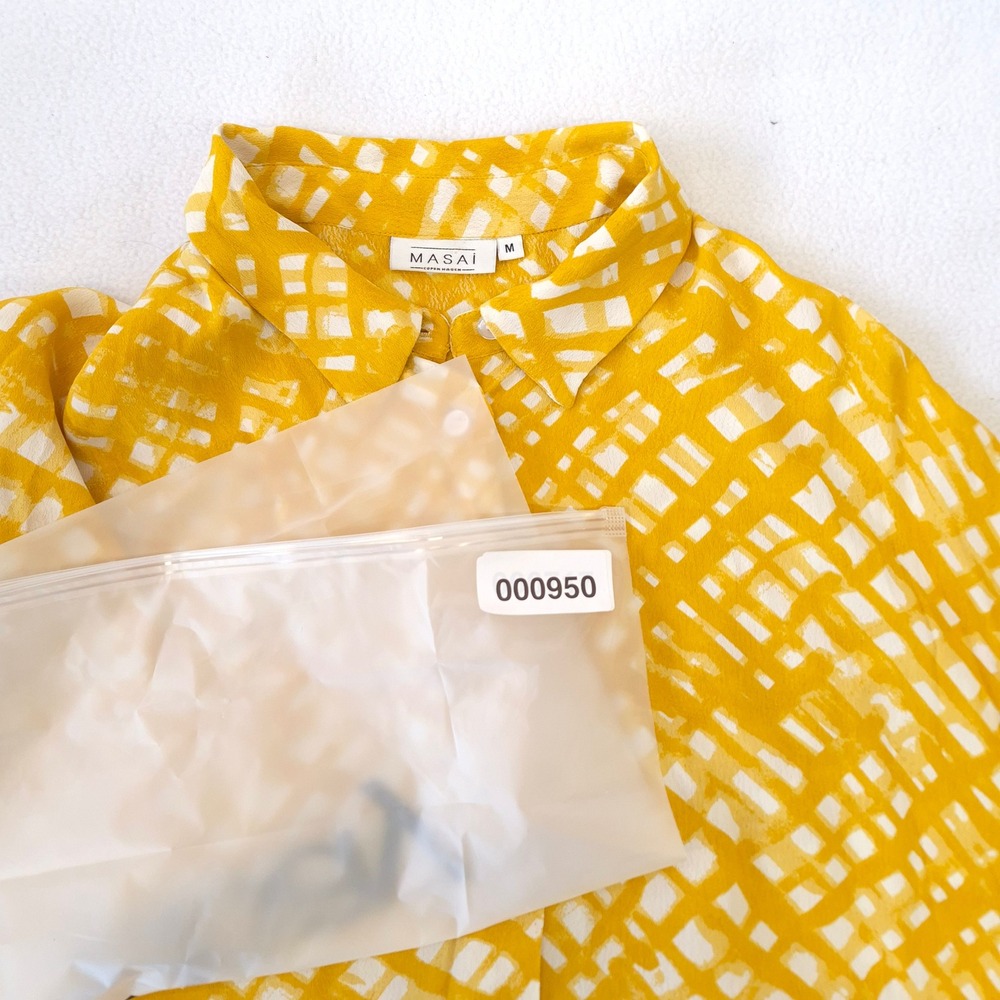 Masai Copenhagen Button Front Midi Dress Yellow Size M Abstract Grid Boho Scandi - Picture 12 of 12